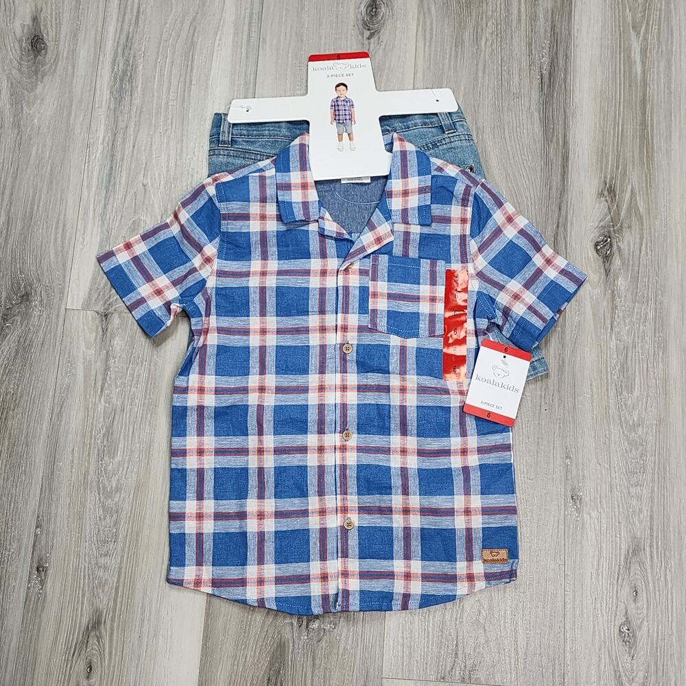 Koala Kids 2 Piece Set 6 Blue Plaid Short & Woven Top Set